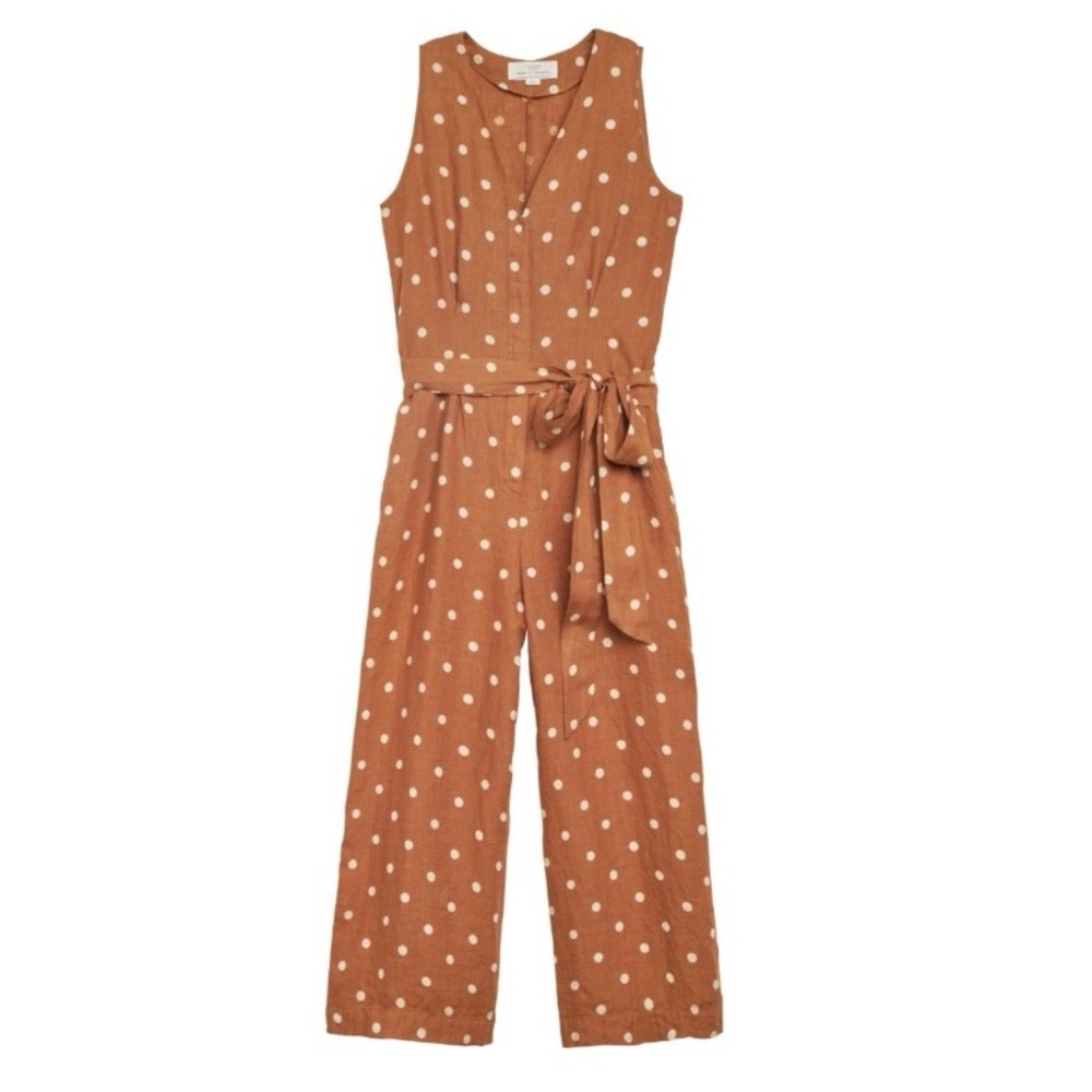 Trovata Cropped Wide Leg Polka Dot Linen Belted Jumpsuit - Picture 2 of 14